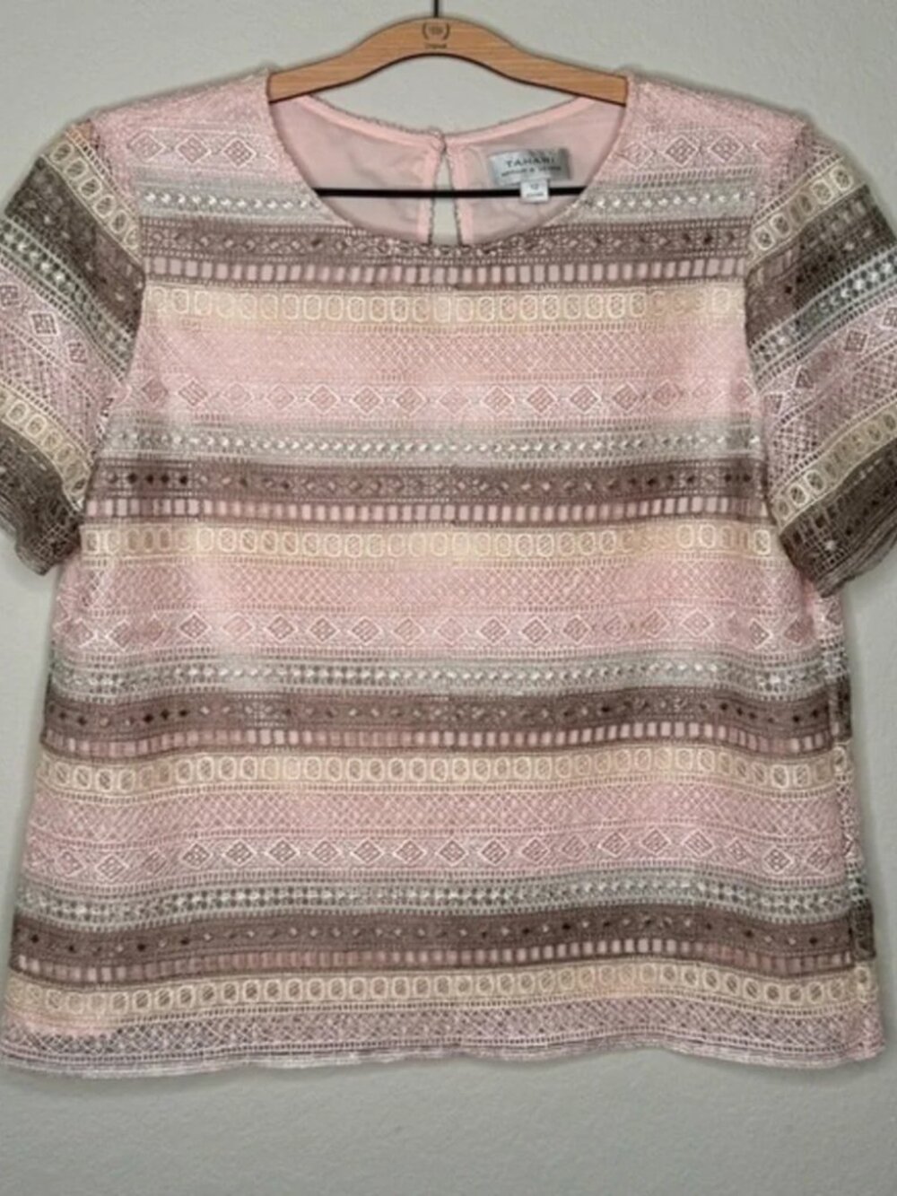 Tahari Women's Multi Pastel Lace Short Sleeve Blouse-‎ Sz 12